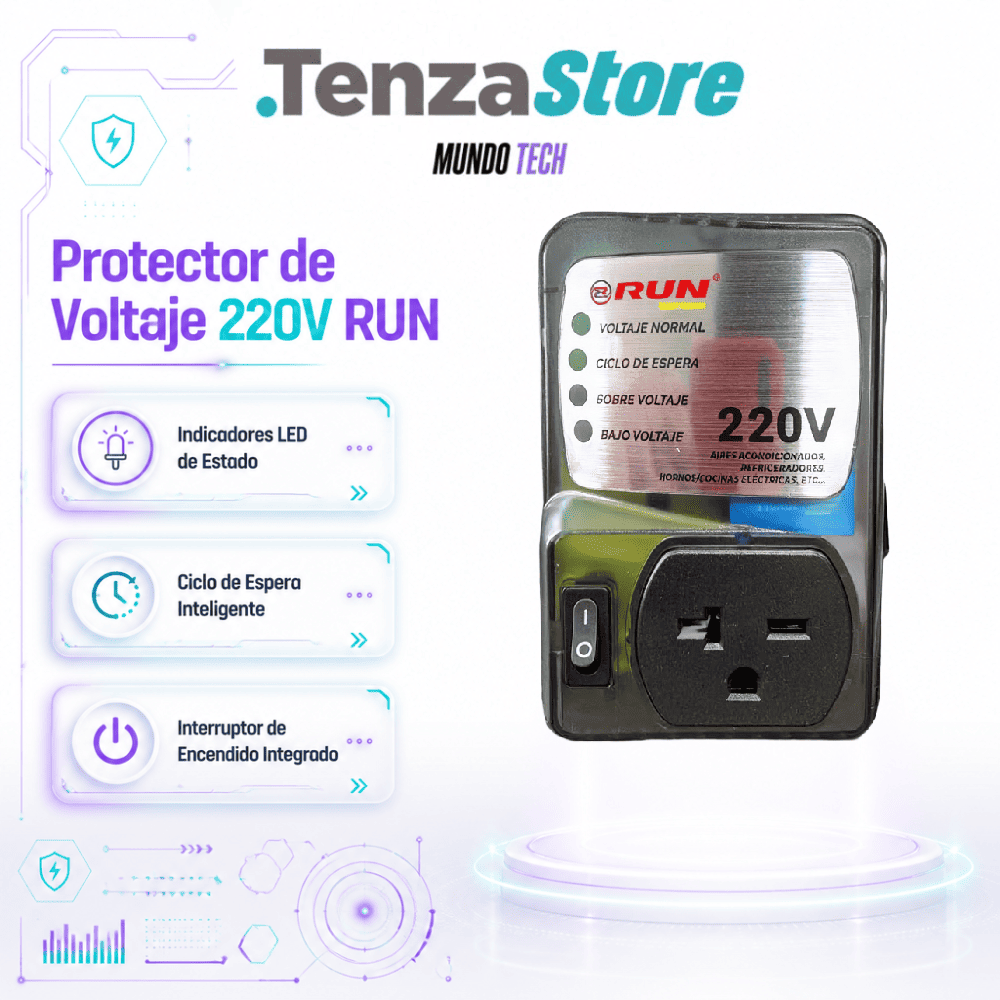 Protector de Voltaje 220V RUN para Aires Acondicionados, Refrigeradores y Cocinas Eléctricas con Indicadores LED y Interruptor