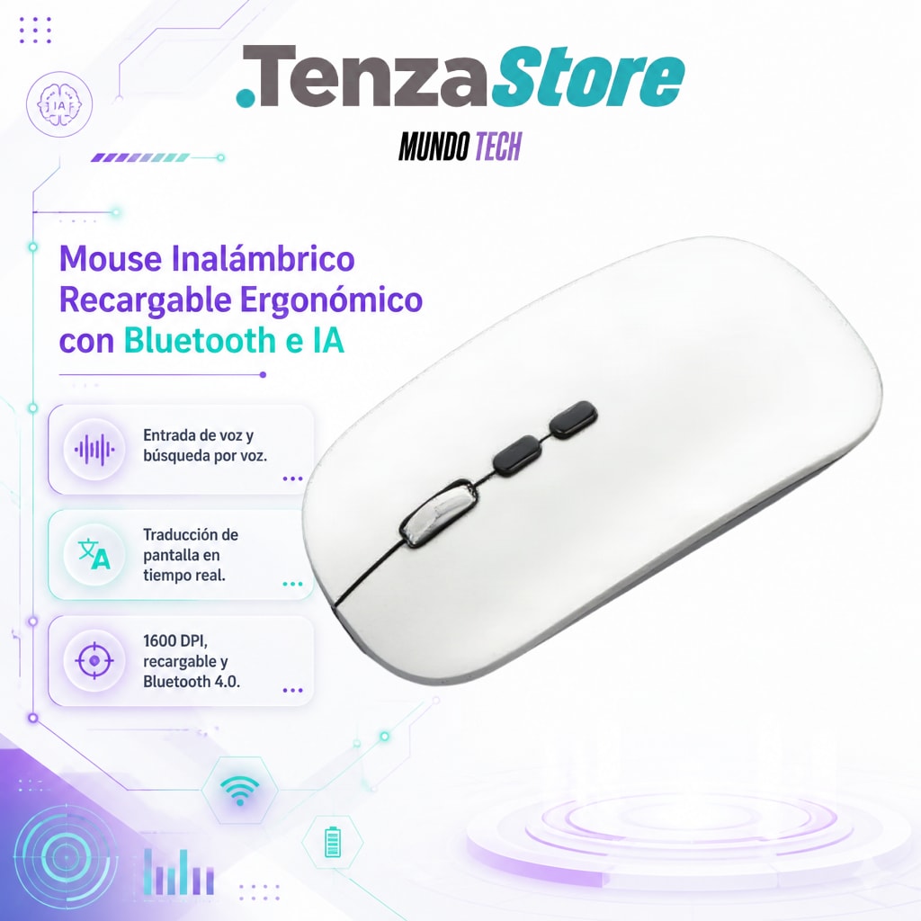 Mouse Inalámbrico Recargable Ergonómico con Bluetooth e Inteligencia Artificial (IA)