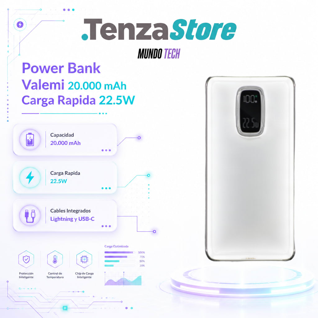Power Bank Valemi 20.000 mAh Carga Rápida 22.5W