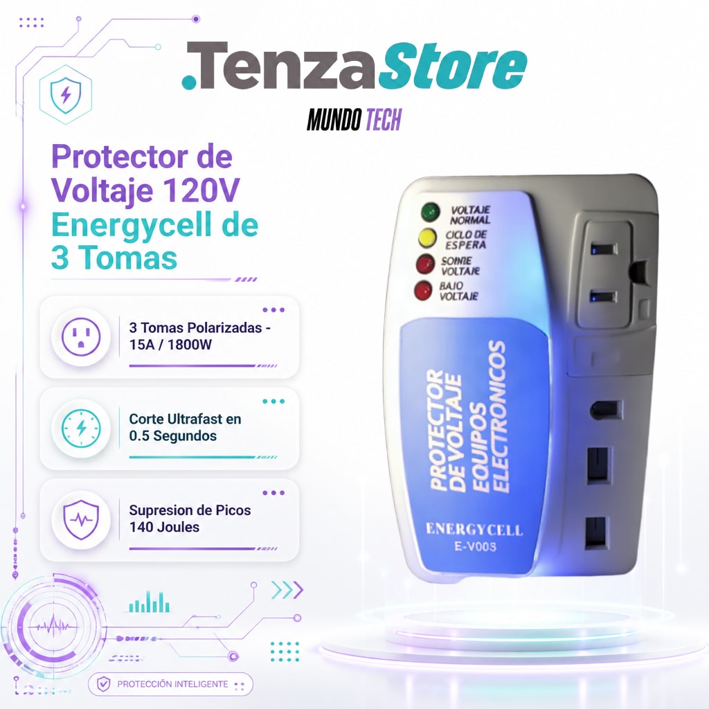 Protector de Voltaje 120V Energycell de 3 Tomas para Equipos Electrónicos
